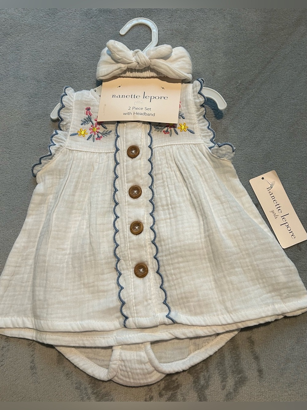 Nanette Lepore White Cream Baby Dress with Blue Trim and Floral Embroidery